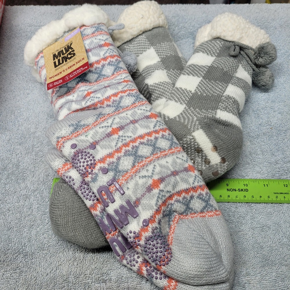 Muk Luks Womens Cabin Socks 2 Pair Set L/XL 8-10 Grey Plaid Fair Isle Non-Slip